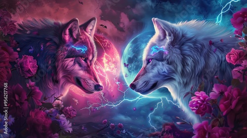 Two wolfs in pink fire with diamonds for eyes and howling blue fire at the moon surrounded by a ring of flowers and lightning kitsch bling emblem