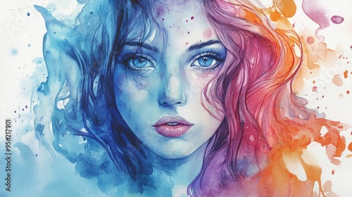 Watercolor Portrait of a Woman with Blue Eyes