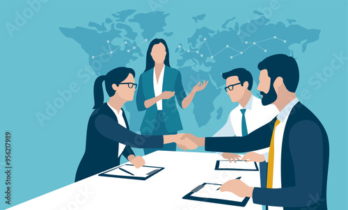 Agreement, deal. Business people shaking hands after signing contract. World map background Concept business vector illustration. 