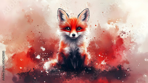 Cute Red Fox Watercolor Painting on Abstract Red Background