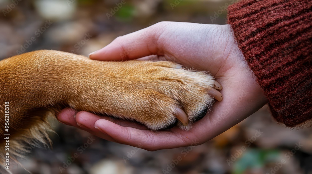 A person gently holds a dog's paw, showcasing a bond of affection and companionship between them, Animal Day concept A person gently holds a dog's paw, showcasing a bond of affection and companionship between them, Animal Day concept