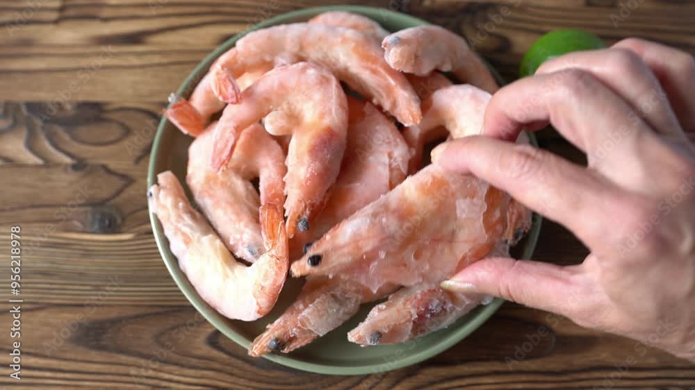 Frozen shrimp on a plate. A woman's hand lays out the shrimp. Preparing shrimp for defrosting. Frozen shrimp on a plate. A woman's hand lays out the shrimp. Preparing shrimp for defrosting.