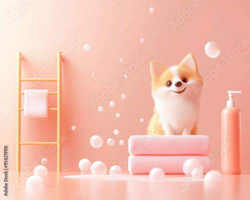 A cute dog enjoying a playful bath scene with bubbles and bath products, set against a pastel pink background. photo