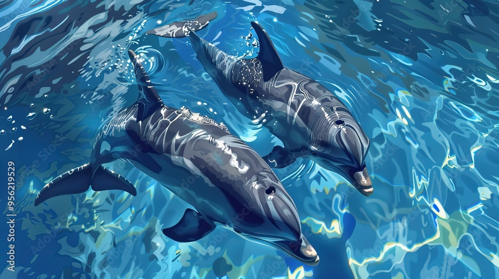Fototapeta premium Two dolphins are swimming in a blue ocean The water is clear and calm The dolphins are playing and enjoying their time in the water