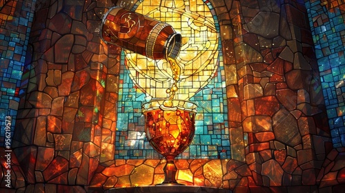 Mosaic artistic image of a holy looking catholic church style stained glass window depicting a floating can of beer pouring into a goblet
