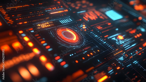 Futuristic Digital Interface with Glowing Orange and Blue Lights