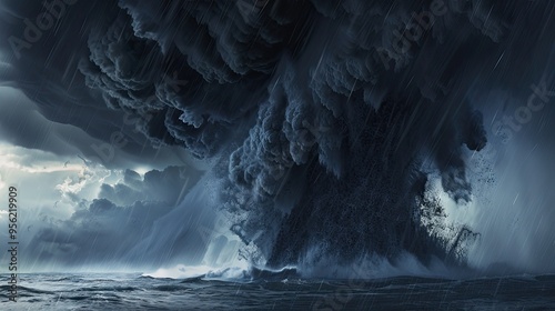 cyclone a huge black cloud pours rain on the sea photo