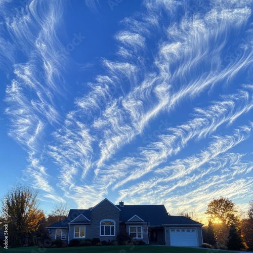 A house with a white garage door sits in front of a blue sky filled with wispy white clouds.