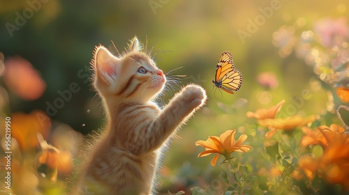 A tiny kitten chasing a butterfly in a colorful flower garden.