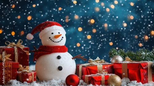 Snowman with Present and Snow in Christmas