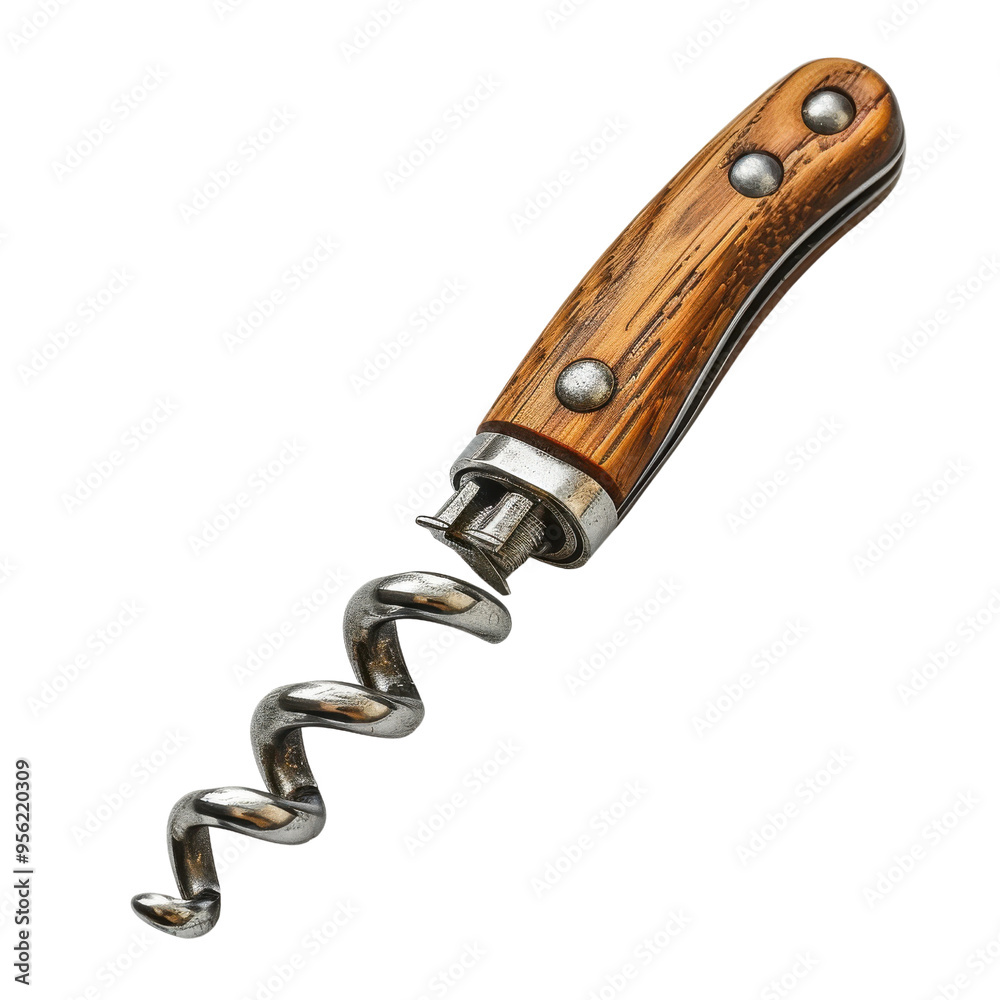 A stylish corkscrew with a wooden handle, perfect for opening wine bottles at any gathering or event. A stylish corkscrew with a wooden handle, perfect for opening wine bottles at any gathering or event.