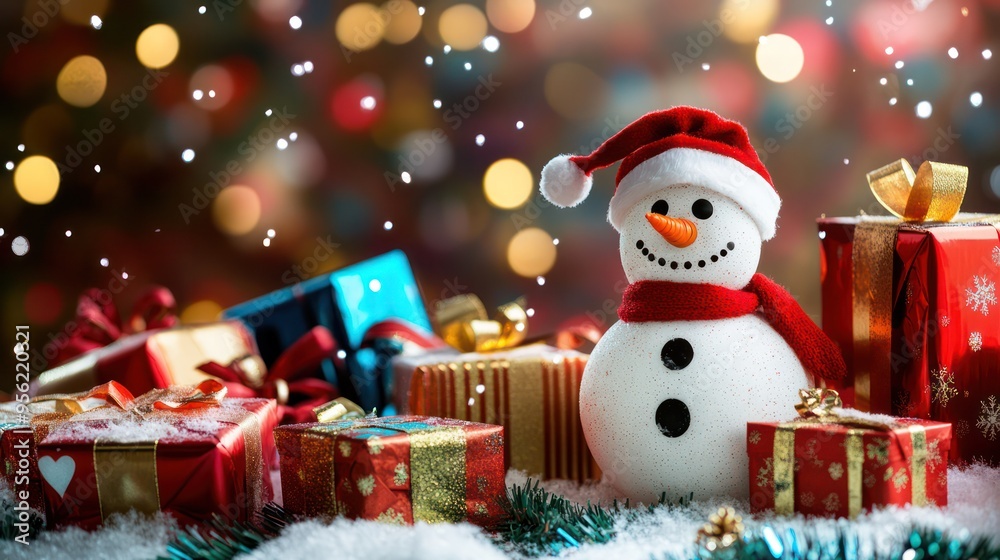 Snowman with Present and Snow in Christmas Snowman with Present and Snow in Christmas