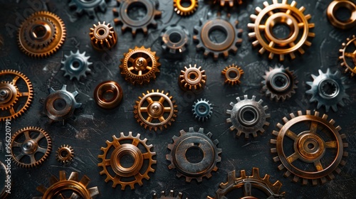 Wallpaper Mural Various metallic cogwheels lying on dark grey surface Torontodigital.ca