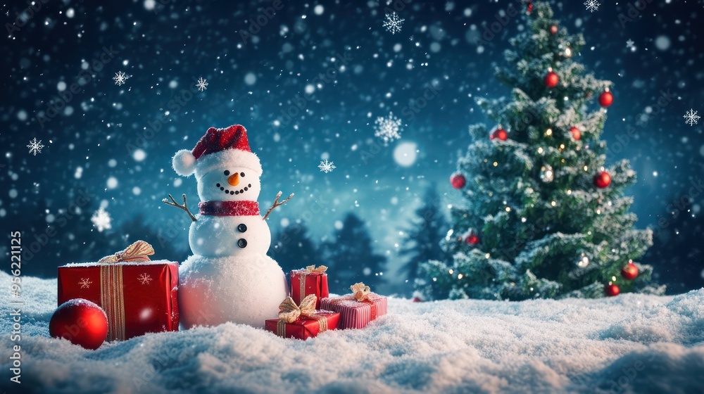 Snowman with Present and Snow in Christmas