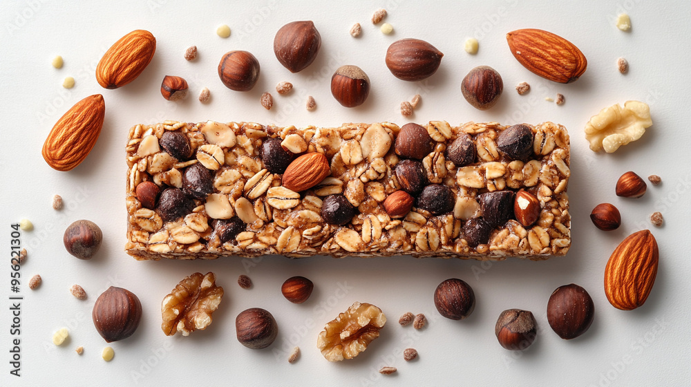 Delicious granola bar surrounded by various nuts and seeds, perfect for a healthy snack or energy boost. Delicious granola bar surrounded by various nuts and seeds, perfect for a healthy snack or energy boost.