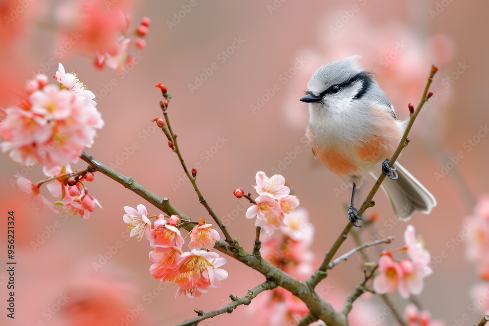 A whimsical scene of a long-tailed tit resting on a delicate branch, surrounded by spring blossoms A whimsical scene of a long-tailed tit resting on a delicate branch, surrounded by spring blossoms
