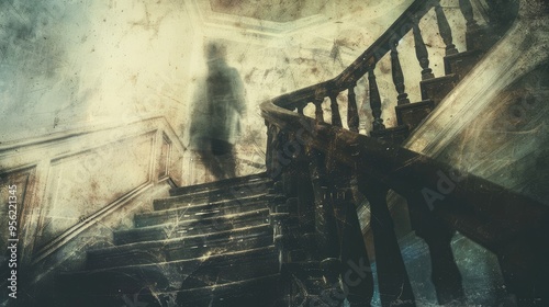 Looking up at a spooky blurred ghostly figure standing on top of a staircase With an old grunge textured edit photo