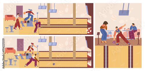 Vector characters of friends in action, throwing balls and having fun competing in a flat-style.