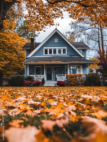 Cottage house with leaves on the front lawn, fall season