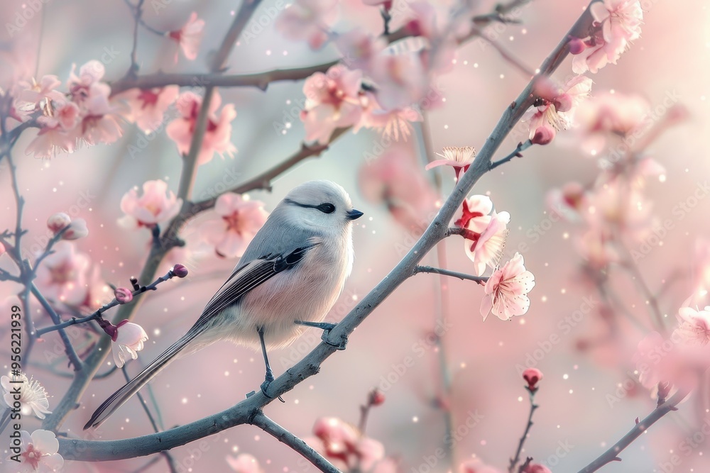 A whimsical scene of a long-tailed tit resting on a delicate branch, surrounded by spring blossoms