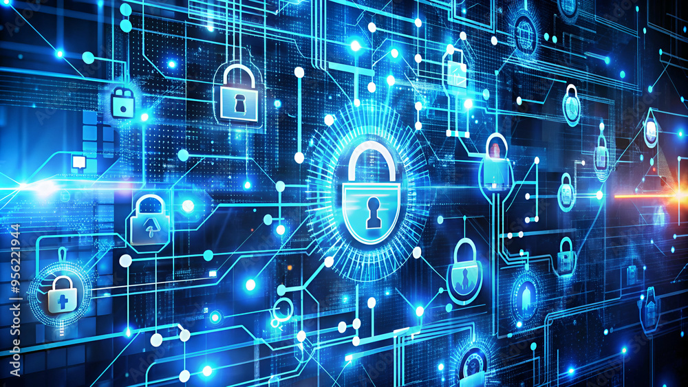 Cyber security Network with technology abstract texture Glowing Blue Padlocks Digital Security Landscape featuring Padlock Symbols Cyber security Network with technology abstract texture Glowing Blue Padlocks Digital Security Landscape featuring Padlock Symbols