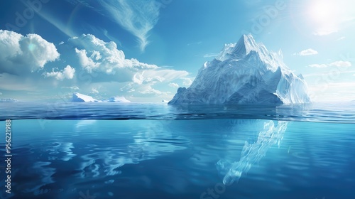 Beautiful white iceberg floats in the ocean with clear depth and views underwater Melting glaciers a concept Global Warming