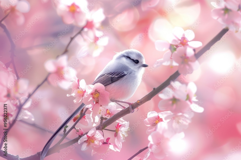 A whimsical scene of a long-tailed tit resting on a delicate branch, surrounded by spring blossoms A whimsical scene of a long-tailed tit resting on a delicate branch, surrounded by spring blossoms