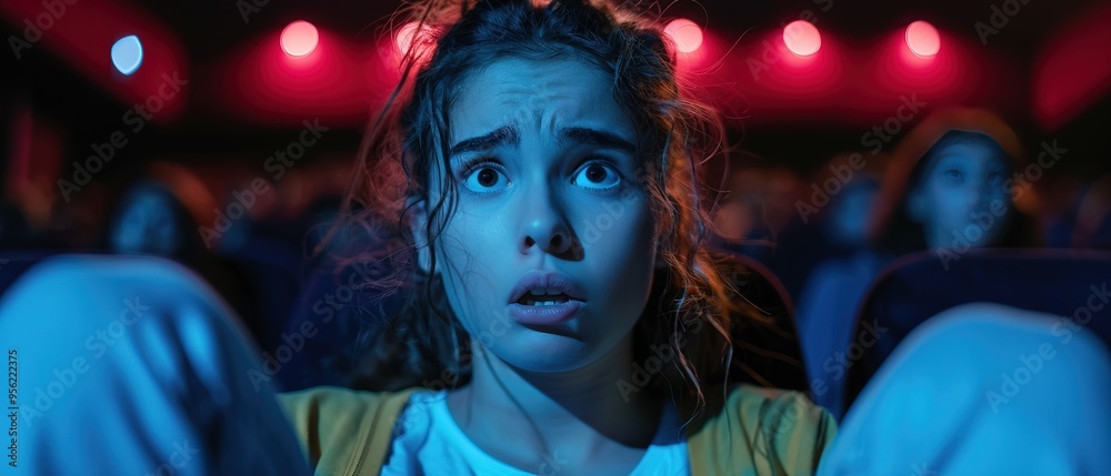 Shocked teen watching horror movie, portrait of scared girl in dark cinema Shocked teen watching horror movie, portrait of scared girl in dark cinema