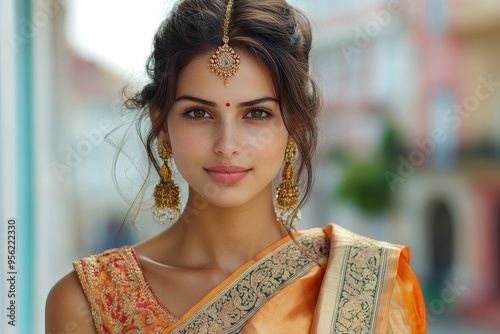 Beautiful indian woman wearing traditional sari posing outdoors photo