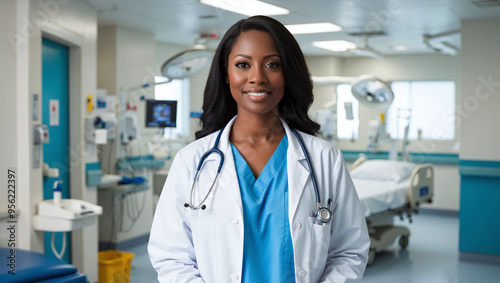 Confident Female Doctor in a Modern Hospital Setting with Medical Equipment