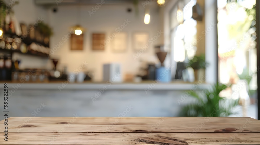 Empty minimal table and blurred background in a white coffee shop Empty minimal table and blurred background in a white coffee shop