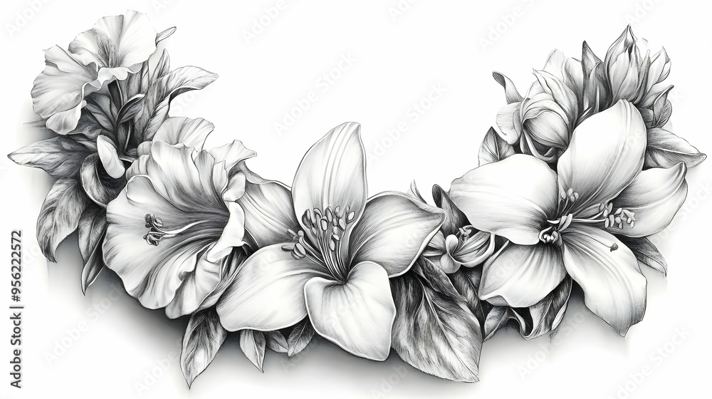 Pencil Drawing of a Floral Arrangement with White Flowers and Leaves Pencil Drawing of a Floral Arrangement with White Flowers and Leaves