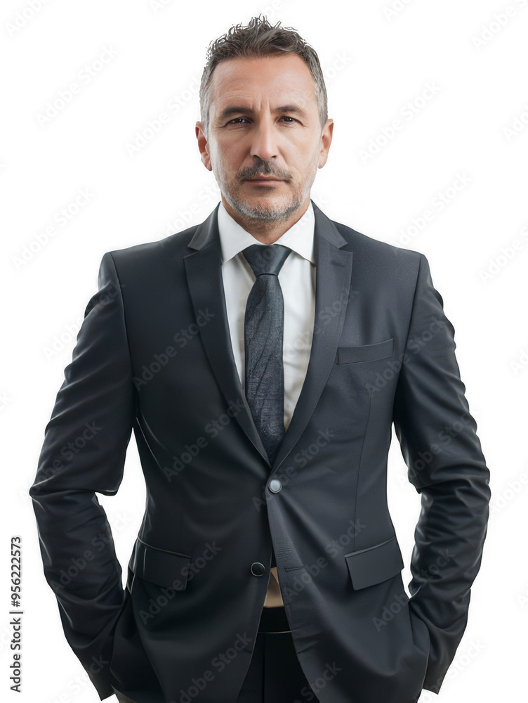 A middle-aged businessman in a sharp black suit, exuding confidence and professionalism, captured in a formal portrait with a serious expression. On Transparent Background A middle-aged businessman in a sharp black suit, exuding confidence and professionalism, captured in a formal portrait with a serious expression. On Transparent Background