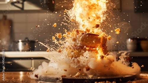 Advertising testimonial photo of exploding cake pulled towards oven photo