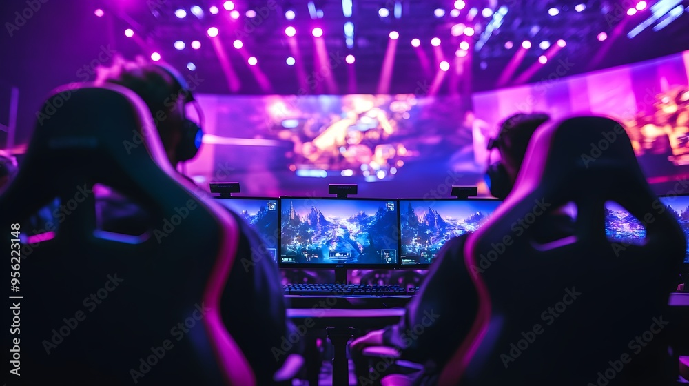 Esports competition, wide-angle lens shooting of the game scene on stage with computer screens and audience seats in front, purple lighting atmosphere Esports competition, wide-angle lens shooting of the game scene on stage with computer screens and audience seats in front, purple lighting atmosphere