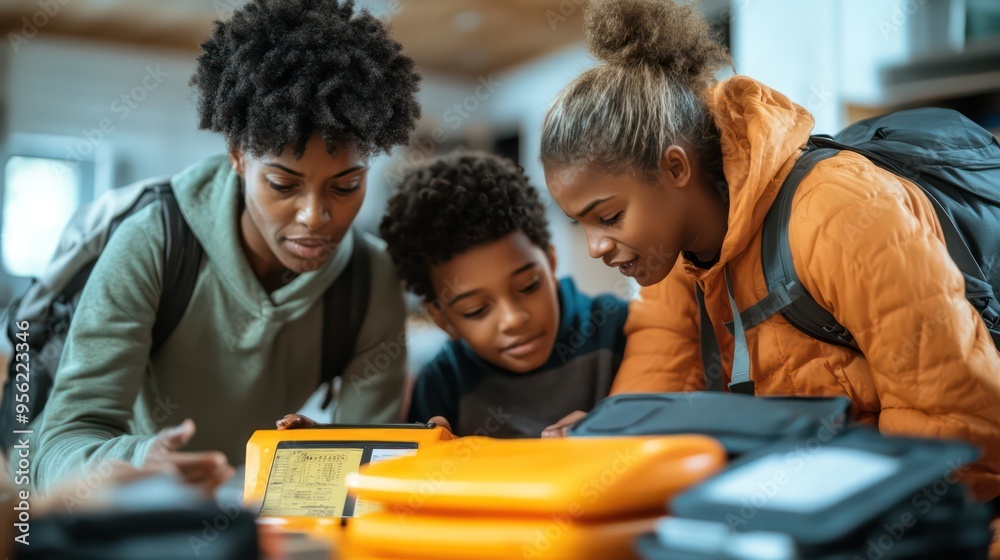 Obraz premium Family members checking their emergency kit contents against a checklist, ensuring they have everything needed for any situation.
