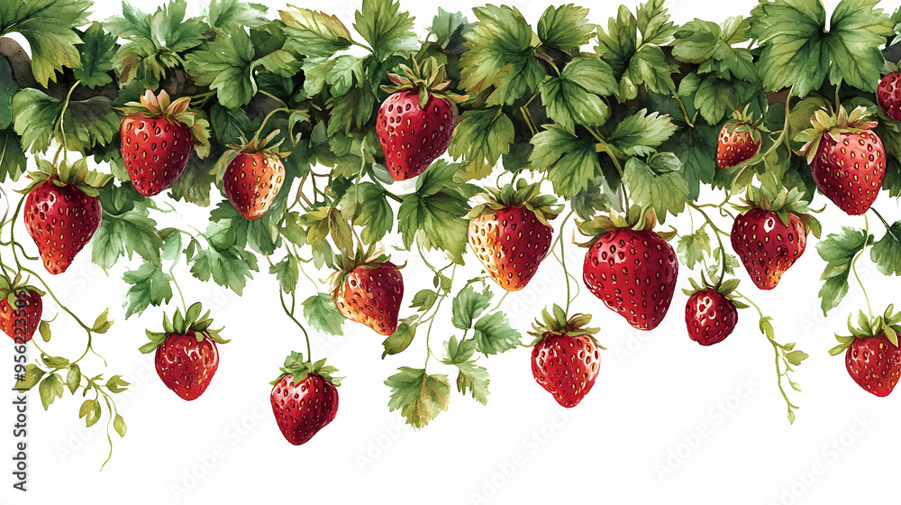 Watercolor Illustration of Red Ripe Strawberries on Vine with Green Leaves