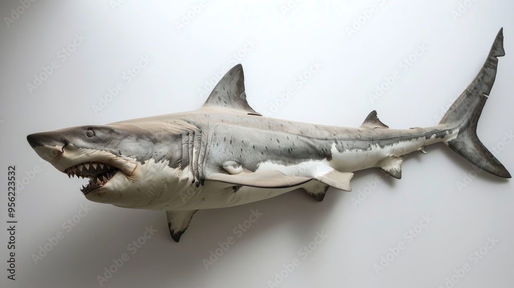 Fototapeta premium Shark Stuffed Shark Taxidermy on a wall Sharks belong to the classification Chondrichthyes which identifies them as cartilaginous fish Taxidermy preserves dead animals for all to enjoy for ever