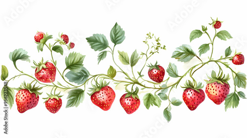 Watercolor Strawberry Vine Border Illustration