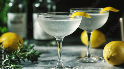 Elegant Gin Cocktails with Lemon Twist Garnish on Marble Surface