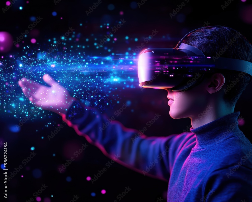 A young person uses virtual reality technology, captivated by immersive digital experiences and a world of possibilities. A young person uses virtual reality technology, captivated by immersive digital experiences and a world of possibilities.