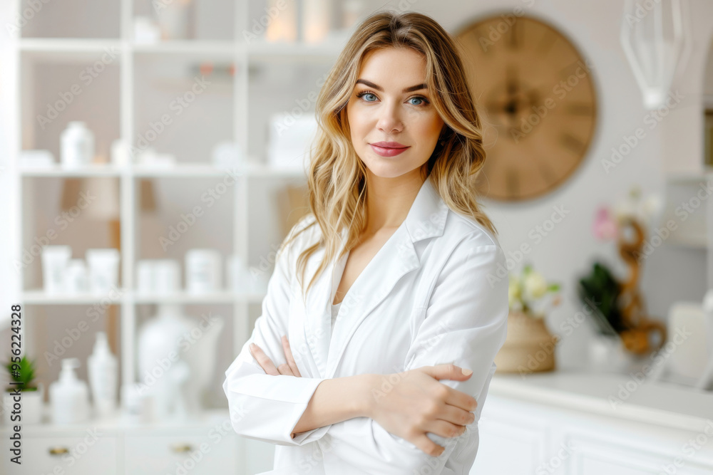 Portrait of a beautiful female doctor doing medical procedures in a SPA salon. A girl in a white medical coat works in a beauty salon.. Portrait of a beautiful female doctor doing medical procedures in a SPA salon. A girl in a white medical coat works in a beauty salon..