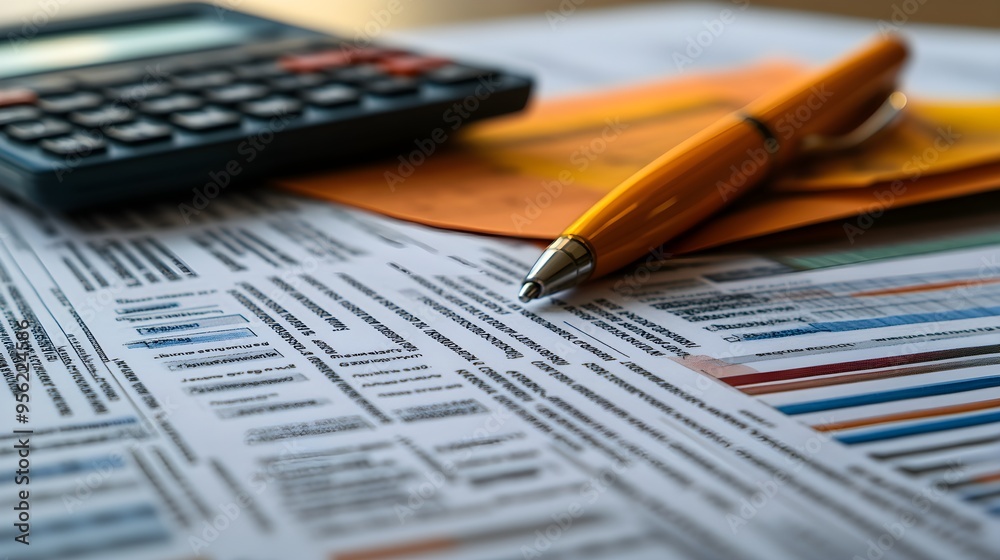 Home loan refinance options and potential closing costs breakdown, close up, financial planning, vibrant, Fusion, paperwork with calculator backdrop Home loan refinance options and potential closing costs breakdown, close up, financial planning, vibrant, Fusion, paperwork with calculator backdrop