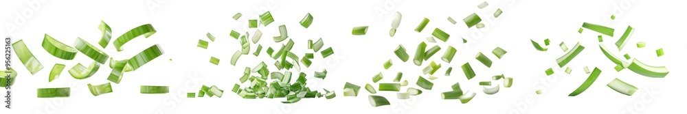 Chopped Green Onion falling on white background, selective focus Chopped Green Onion falling on white background, selective focus