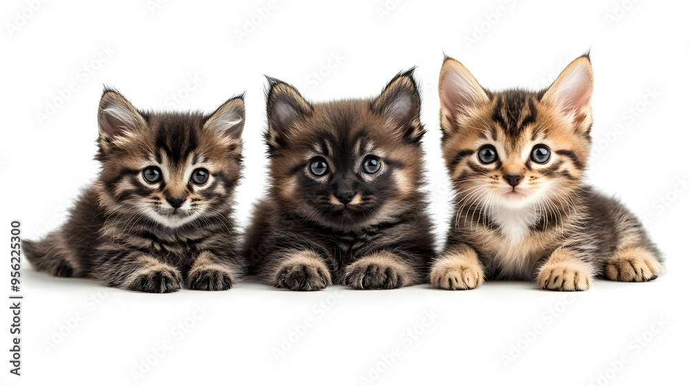 Three Cute Kittens in a Row Looking at the Camera Three Cute Kittens in a Row Looking at the Camera