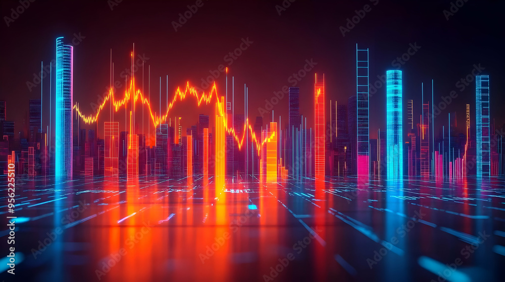 Neon Cityscape with Stock Market Graph Neon Cityscape with Stock Market Graph