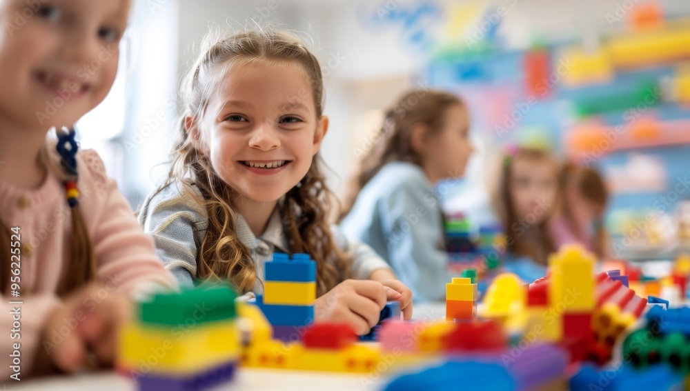 Happy laughing kids doing arts and crafts in a school day care center classroom