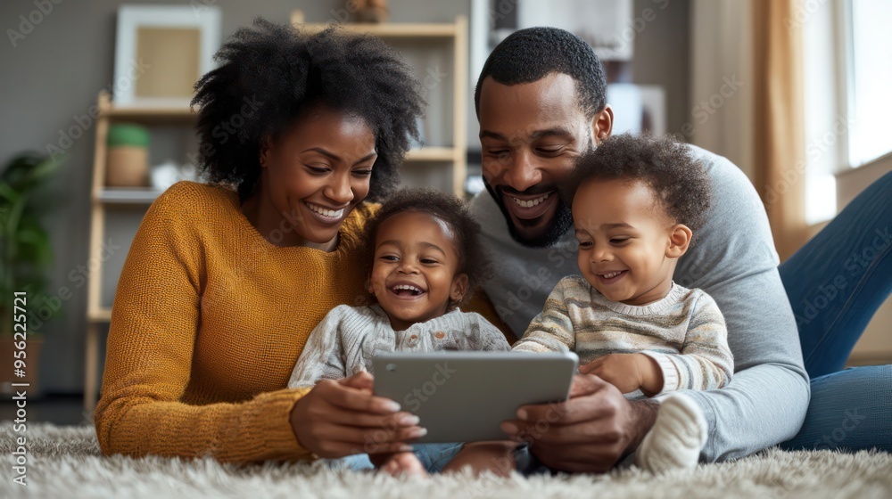 Father and mother setting up a child-friendly tablet with educational apps, supporting learning and development remotely. Father and mother setting up a child-friendly tablet with educational apps, supporting learning and development remotely.
