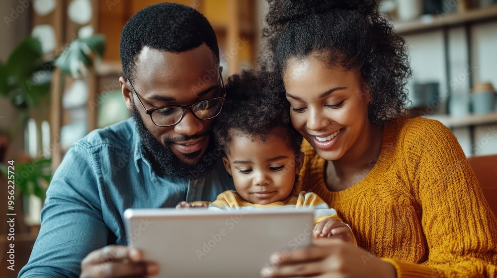 Father and mother setting up a child-friendly tablet with educational apps, supporting learning and development remotely. Father and mother setting up a child-friendly tablet with educational apps, supporting learning and development remotely.
