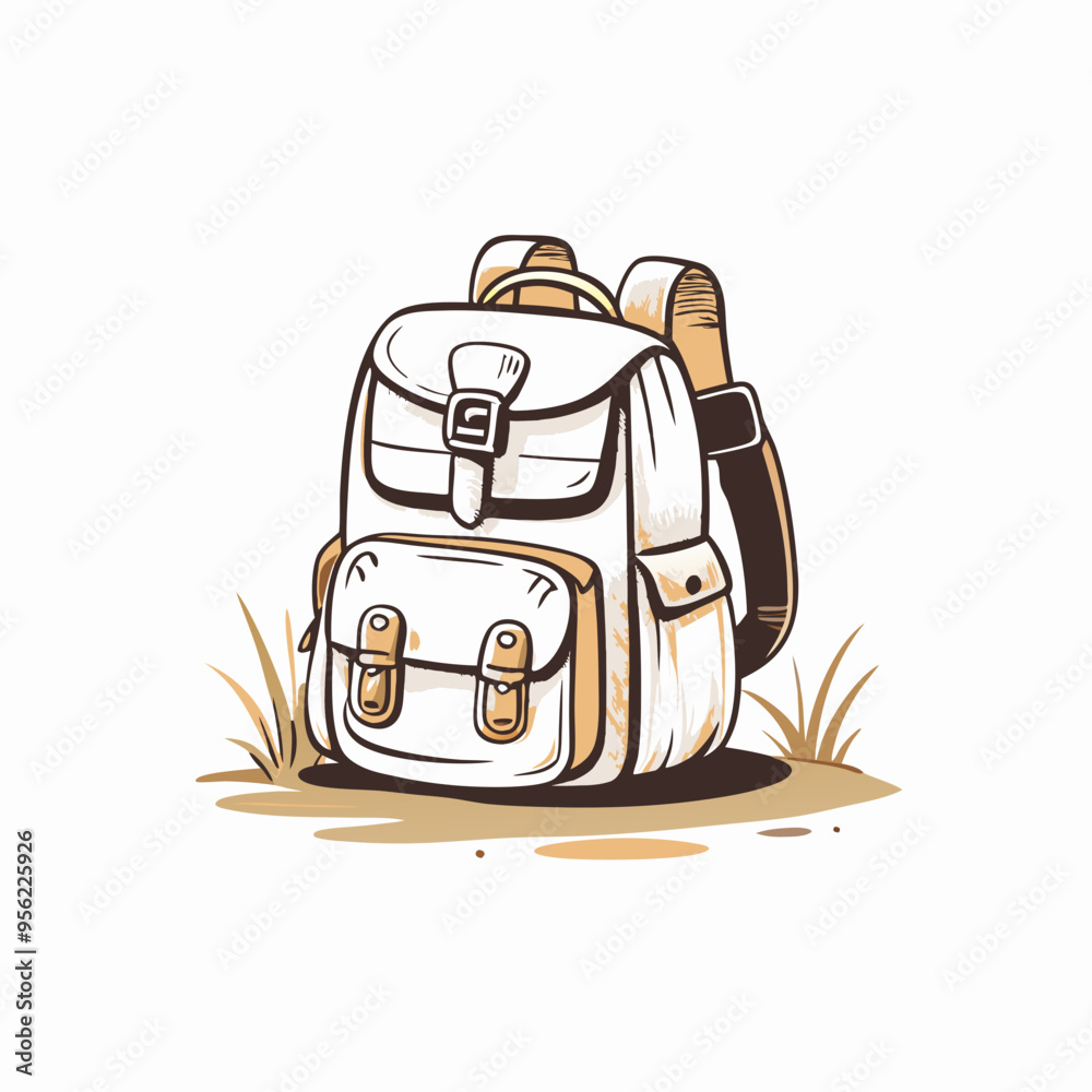 Fototapeta premium White and Brown Backpack Ready for Adventure on Grassy Ground